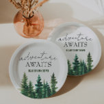 Plato De Papel La aventura espera a los pinos acuarelas y ruidoso<br><div class="desc">Pino de color acuático rústico "aventura espera" placas de papel para la ducha de bebé.</div>