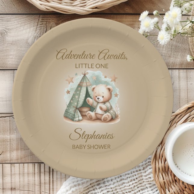 Plato De Papel La aventura espera el género Bear Neutral (Teddy bear "Adventure Awaits" baby shower paper plate)