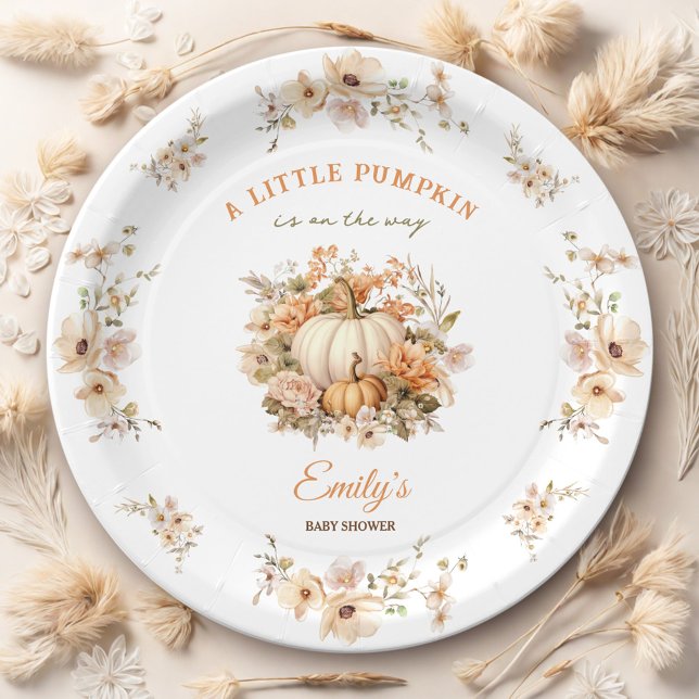 Plato De Papel La Calabaza Pequeña Está En Camino De Un Baby Show (Little Pumpkin Is On The Way Neutral Baby Shower Paper Plates)