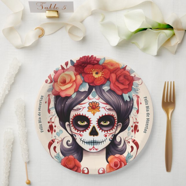 Plato De Papel La Calavera Catarina en Flores Rojas 🌹 (Boda)