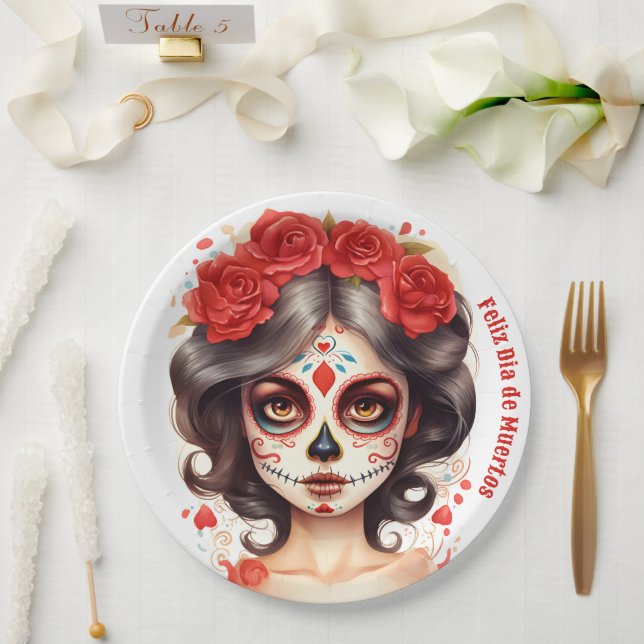 Plato De Papel La Calavera 💀 en Flores Rojas 🌹 (Boda)