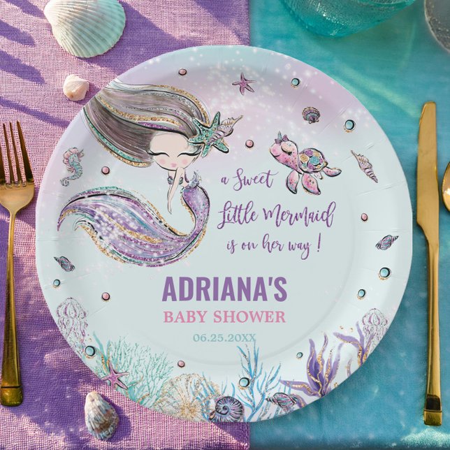 Plato De Papel La caprichosa sirena bajo el mar Chica Baby Shower (chic cute little mermaid under the sea turtle coral shells turquoise baby shower round paper plates)