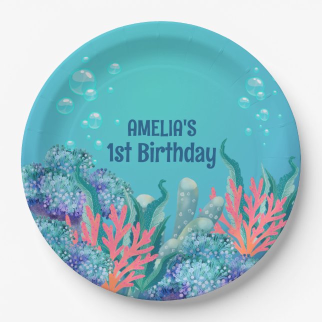 Plato De Papel La caprichosa sirena bajo el mar Cumpleaños (Anverso)