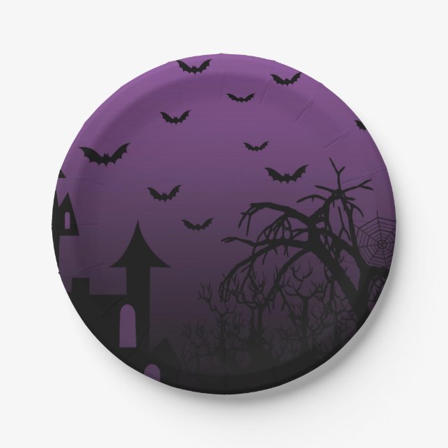 Plato De Papel La casa de Halloween embruja árboles (Anverso)
