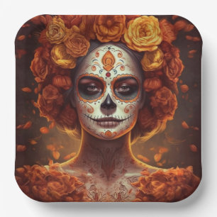 Plato De Papel La Catrina Marigold Día de los Muertos Cráneo de A