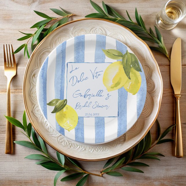 Plato De Papel La Dolce Vita rayas azules limones ducha de novia (La Dolce Vita handrawn blue stripes lemons Italian bridal shower personalized Paper Plates)