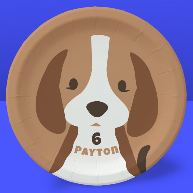 Plato De Papel La edad del perro y la fiesta de cumpleaños del ni (cute puppy dog paper party plate with custom name and age)