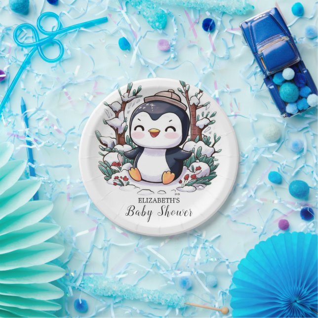 Plato De Papel La encantadora Bonito Penguin Baby Shower (Fiesta)