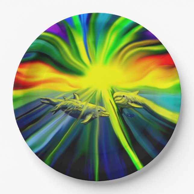 Plato De Papel La familia de los delfines al sol (Anverso)