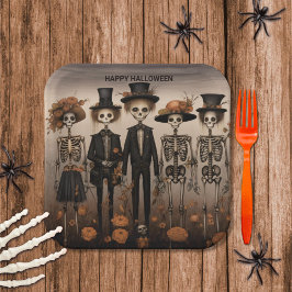 Plato De Papel La familia de Skeleton feliz Halloween