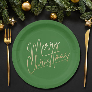 Plato De Papel La Feliz Navidad Dorada en Verde