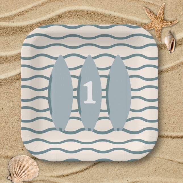 Plato De Papel La fiesta de primer cumpleaños del océano en la ta ("the big one" Green surfboard first birthday party plate surfing theme ocean beach theme 1st bday)