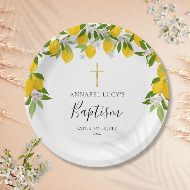 Plato De Papel La floración del limón la vegetación el bautismo l (Lemon Blossom Greenery Baptism Christening Paper Plates)