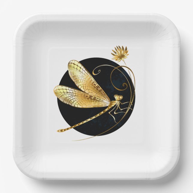 Plato De Papel La libélula dorada en círculo negro (Anverso)