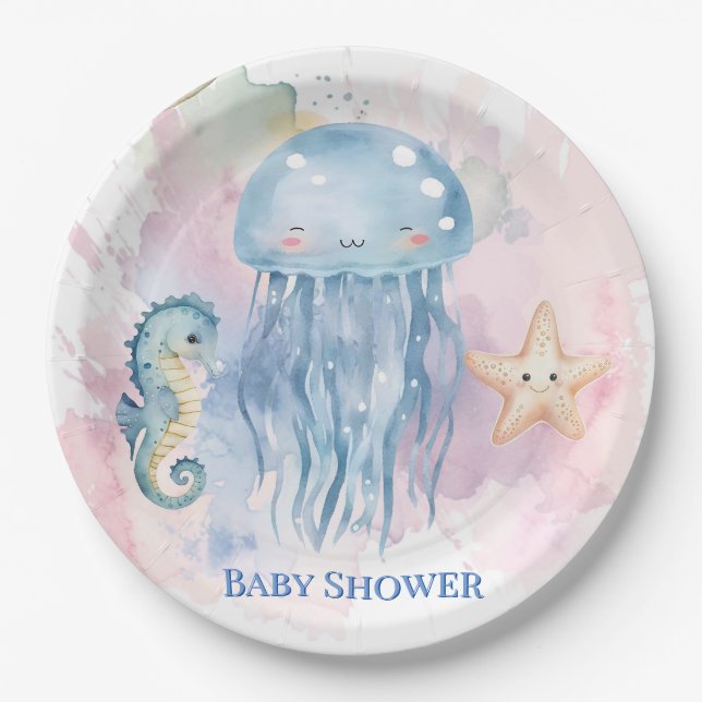 Plato De Papel La medusa y los amigos Pastel Baby Shower (Anverso)