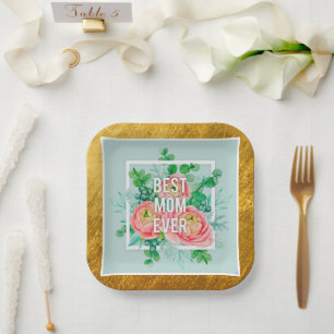 Plato De Papel La Mejor Mamá del Mundo Acuarela Floral Verde y Do
