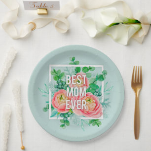 Plato De Papel La Mejor Mamá del Mundo Acuarela Floral Verde y Do