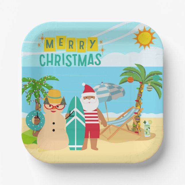 Plato De Papel La Navidad de la playa de Santa (Anverso)