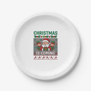 Plato De Papel La Navidad Está Llegando Santa Claus Elfos Reno