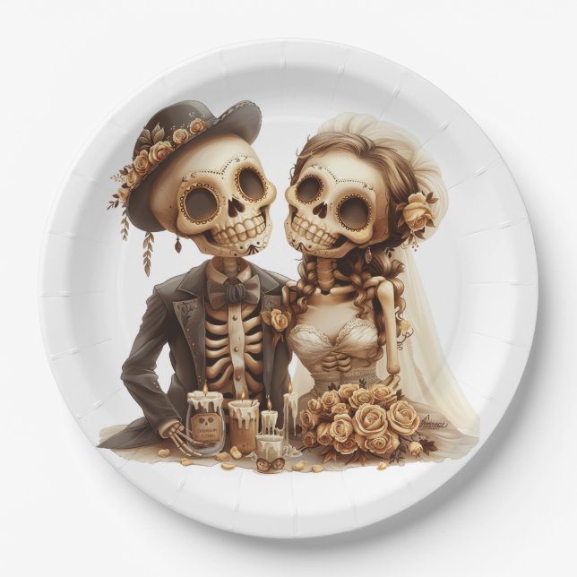 Plato De Papel La Pareja de Halloween de Boda (Anverso)
