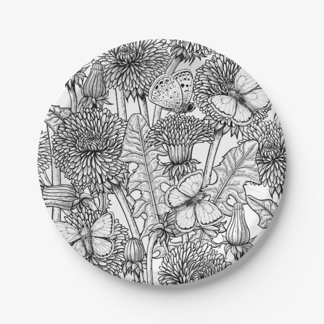 Plato De Papel La pradera de Dandelion en blanco y negro (Anverso)