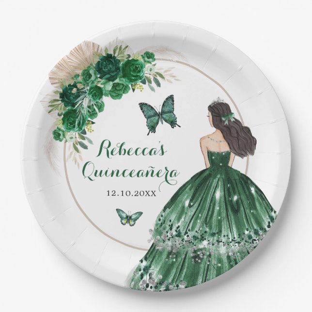 Plato De Papel La princesa Quinceañera, Rosas del Boho Emerald Gr (Anverso)