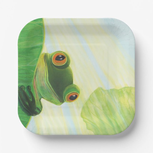 Plato De Papel La rana verde de ojos grandes detrás de la almohad (Anverso)