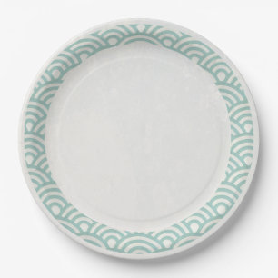 Plato De Papel La Seigaiha japonesa ondea elegante verde jade + b