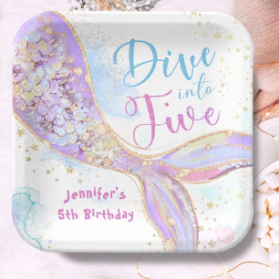 Plato De Papel La sirena 5 cumpleaños se hunde en cinco moradas