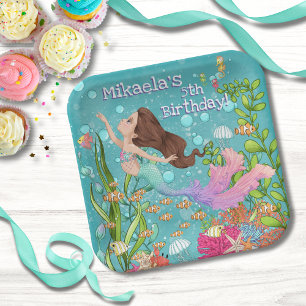 Plato De Papel La sirena rosada Brown cabello bajo el mar Cumplea