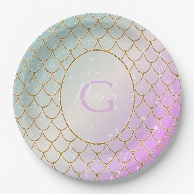 Plato De Papel La Sirenita. Escala dorada en rosa, paque (Anverso)