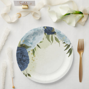 Plato De Papel la vegetación marina y las flores azules polvorien