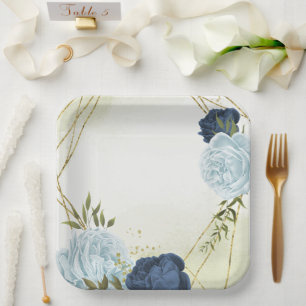 Plato De Papel la vegetación marina y las flores azules polvorien