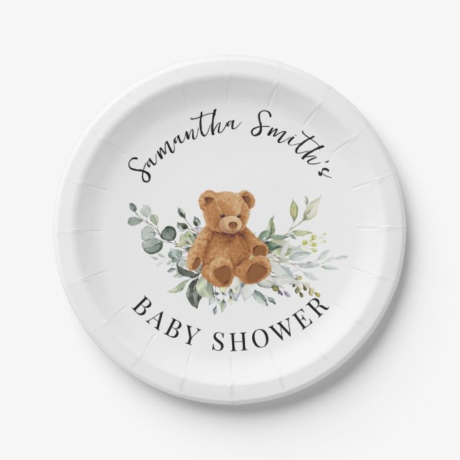 Plato De Papel La verde del oso Eucalyptus Baby Shower Round (Anverso)