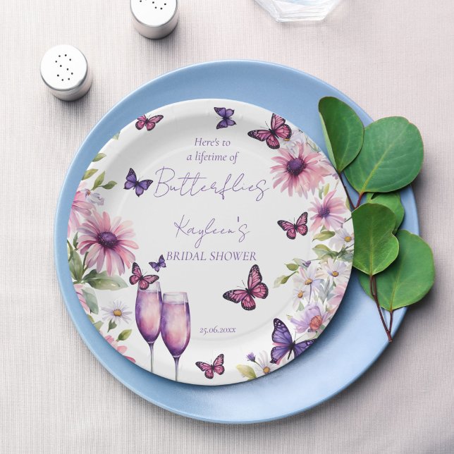 Plato De Papel La vida de las mariposas ducha de novia púrpura (Lifetime of butterflies purple pink daisies champagne bridal shower printed paper plates table decor)