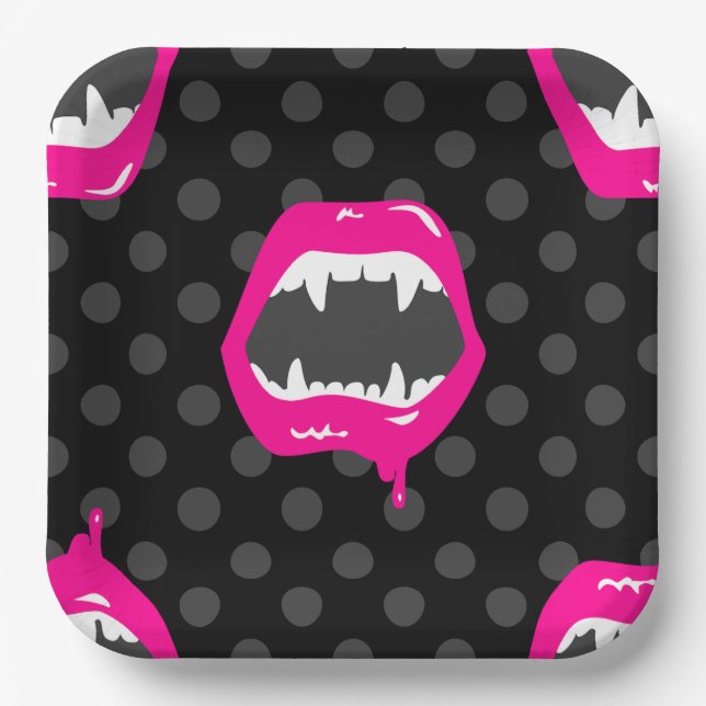 Plato De Papel labios de vampiro criatura monstruosa con colmillo (Anverso)