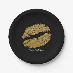 Plato De Papel Labios Dorados Beso de Brillo Falso Fiesta de Maqu
