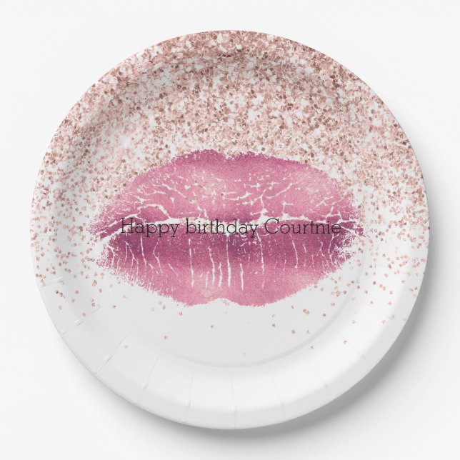 Plato De Papel Labios Purpurinas de Glam Glitz rosados (Anverso)