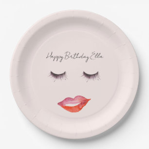 Plato De Papel Labios rosados y pestañas Cumpleaños