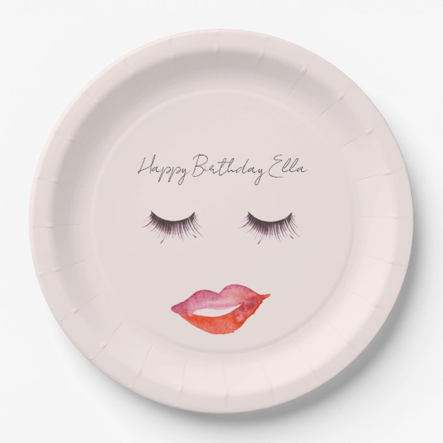 Plato De Papel Labios rosados y pestañas Cumpleaños (Anverso)