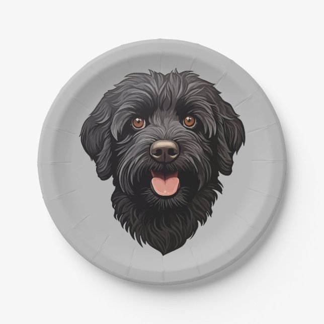 Plato De Papel Labradoodle Perro Negro (Anverso)