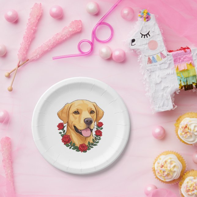 Plato De Papel Labrador con rosas rojas (Fiesta)