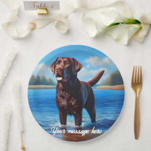 Plato De Papel Labrador de chocolate y lago azul