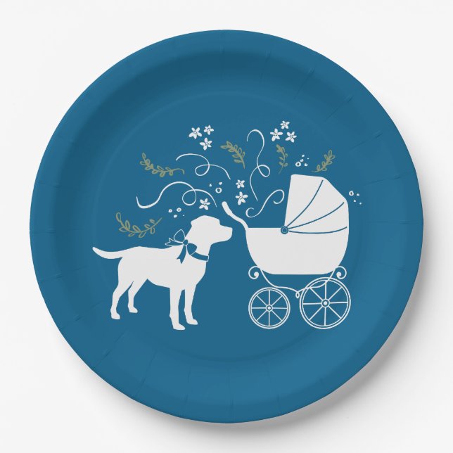 Plato De Papel Labrador Dog Baby Shower Blue Boy Lab (Anverso)