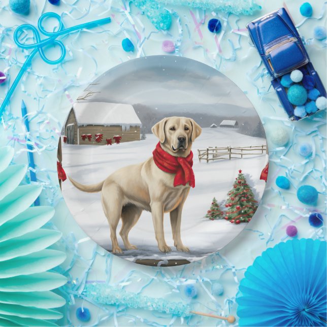 Plato De Papel Labrador: Perro recuperado en Navidades de nieve (Fiesta)