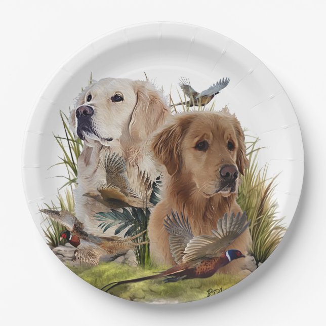 Plato De Papel Labrador recuperadores con faisán, arte (Anverso)