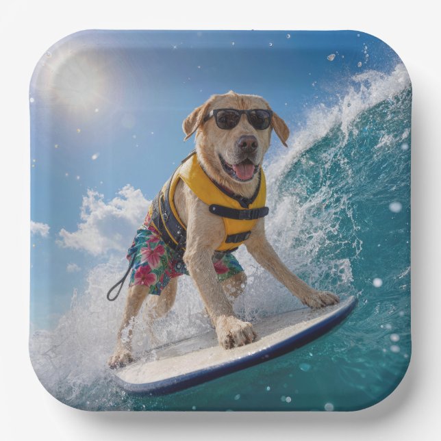 Plato De Papel Labrador Retriever surfista (Anverso)