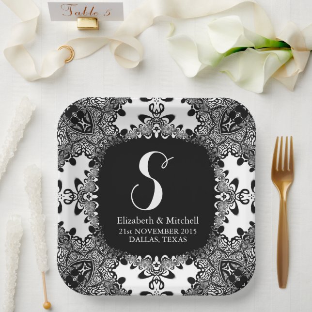 Plato De Papel Lace fractal tribal blanco negro Damask (Boda)