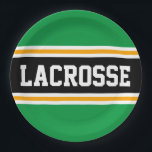 Plato De Papel LACROSSE Rayas de Carreras amarillo negro verde br<br><div class="desc">Este diseño deportivo y atlético presenta texto en negrita de LACROSSE dentro de una banda ancha negra realzada con doble franjas de carreras blancas y amarillas contra rayas de fondo verde brillante. El texto de este diseño se puede personalizar.</div>