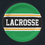Plato De Papel LACROSSE Rayas de Carreras amarillo negro verde br<br><div class="desc">Este diseño deportivo y atlético presenta texto en negrita de LACROSSE dentro de una banda ancha negra realzada con doble franjas de carreras blancas y amarillas contra rayas de fondo verde brillante. El texto de este diseño se puede personalizar.</div>